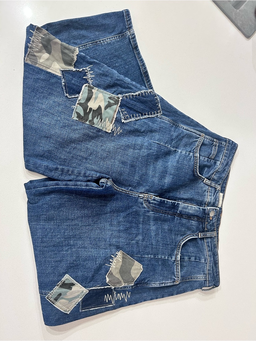 Pilcro Blue Denim Wide Leg Jeans with Camo Patch Details